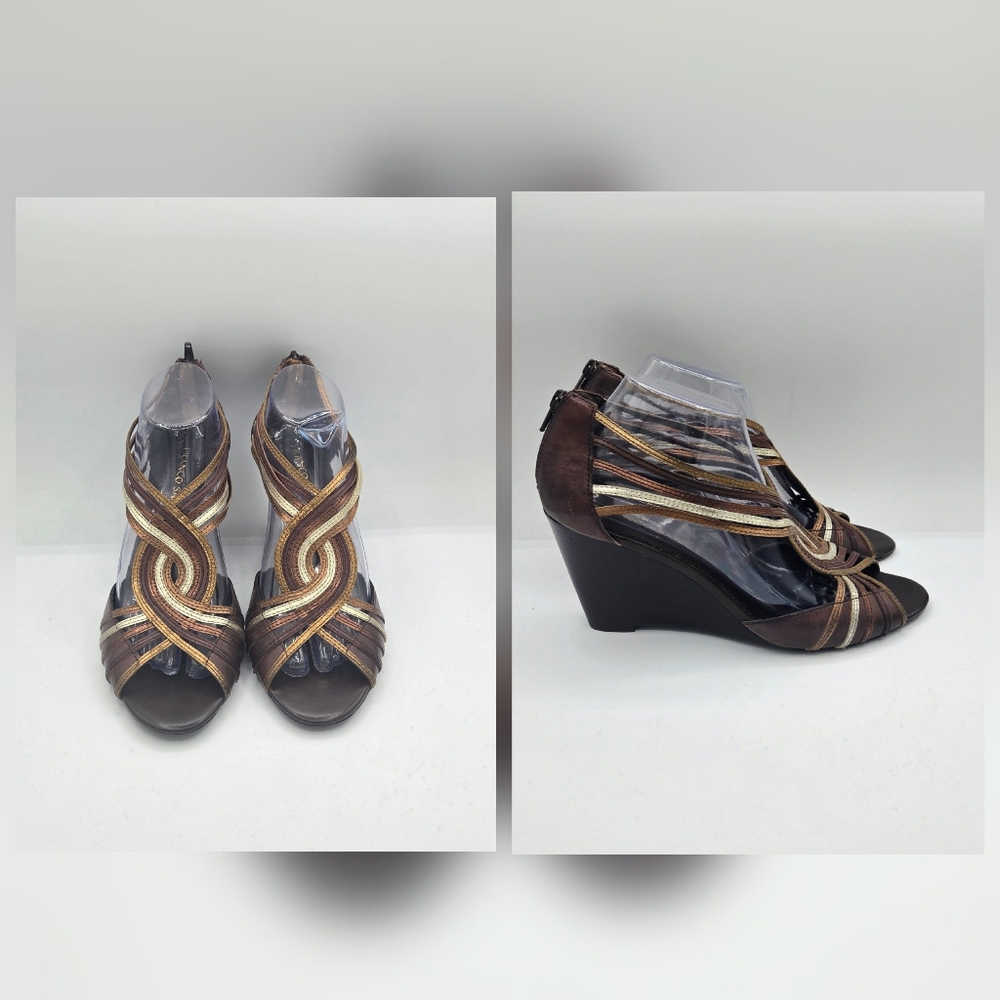 Franco Sarto Wedge Sandals Vintage Style Bronze Gold Metallic Strappy Women's 10